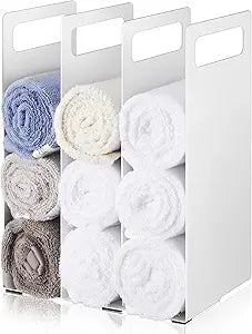 LEIFIDE Set of 2 Interlocking Towel Organizer Metal Bathroom Towel Storage Rack Shelf Dividers Organizers for Closet Home Space Saving (White)