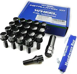 WHEEL CONNECT Spline Lug Bolts,14x1.25,Acorn for Conical Seat. Set of 20 with 1 Key and 1 Storage Bag, for Aftermarket Custom Tuner Wheel, Steel, Black Finish.M14 X 1.25.