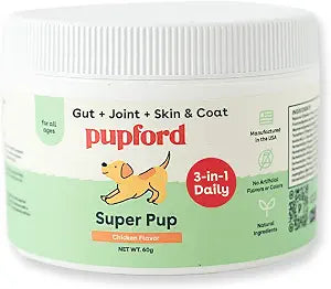 Pupford Super Pup 3-in-1 Daily Supplement, Support Your Pup's Skin & Coat, Joint and Gut Health, No Artificial Flavors or Colors, Chicken Flavor, New Wt 60g