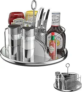 Yukon Glory Stainless Steel Rotating Condiment Caddy, Lazy Susan Utensil Caddy with Napkin Holder, BBQ Grill Caddy for Outdoor Patio Table & Picnic