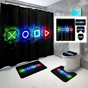 4PCS Gamer Shower Curtains for Bathroom - Gaming Shower Curtain for Boys Bathroom Set Video Game Kids Shower Curtain Set with Curtain,Rug,Toilet Cover,U Shaped Mat and 12 Hooks