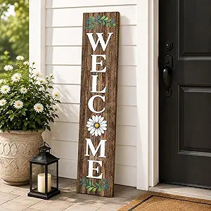 Welcome Wooden Front Porch Sign, Large Vertical Rustic Decorative Sign for Outdoor Indoor Decor, Standing Farmhouse Style Daisy Flower Leaves Home Yard Party Wall Hanging Decoration 47"x8''