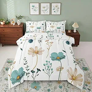 Erosebridal Watercolor Floral Bedding Set Twin, Teal Beige Flower