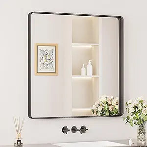Keonjinn Black Bathroom Mirrors for Over Sink, 30 x 30 Inch Large Rounded Rectangle Bathroom Vanity Mirror, Matte Black Sandblasted Finish, HD Tempered Glass, Seamless Aluminum Alloy Frame Wall Mirror