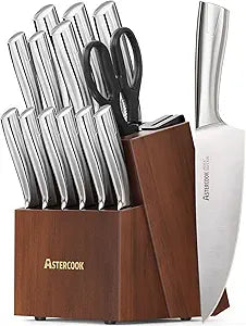 Astercook Knife Set, Kitchen Knives Set with Block and Sharpener Full Tang 15 Pcs Premium Stainless Steel Knives, Dishwasher Safe Knife Set with Anti-slip Ergonomic Handle, Walnut, Mothers Day Gifts