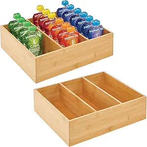 mDesign Bamboo Pantry Organizer Bin Box, 3 Sections - Wooden Stackable Basket Crates for Food, Produce, Vegetable Storage - Use on Shelves or in Closet, 2 Pack, Natural/Tan