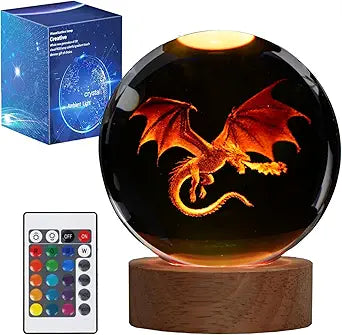 Dragon Night Light, 3.15 Inch (80mm) K9 Crystal 3D Lamp with Remote 16 Color for Birthday Xmas Cool Figurines Dragon Gifts for Room Decor Boys Girls