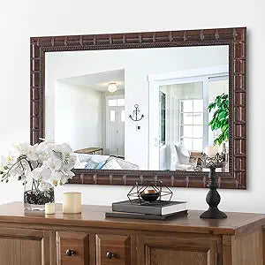 Vintage Bronze Mirror, 39'' x 27'' Solid Wood Mirror Frame with Bamboo-Joint Design, Decorative Wall Mirrors for Living Room, Bathroom, Bedroom, Entryway, Fireplace, Horizontal/Vertical