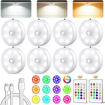 LENOMA Puck Lights with Remote, Rechargeable Under Cabinet Lighting, 3 Color Temps, 12 RGB Color LED Motion Sensor Lights Wireless, Dimmable Tap Lights for Closet, Kitchen, Shelf, Stair, 8 Pack