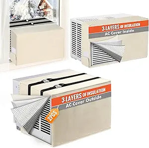 2PCS Window Air Conditioner Cover Inside and Air Conditioner Cover for Outside , 3 Layers Insulation with Aluminum Foil and 2mm Foam, 25.5"W x 20.5"D x 18"H and 25"W x 3.5"D x 17"H - Beige and Beige