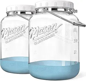 2 Pack 1.5 Gallon Glass Jar With Airtight Lid, Large Mason Jars Wide Mouth with Scale Marks, Big Glass Storage Containers with Heavy-duty Handles & Non-slip Bases - for Flour, Pickling (192Oz