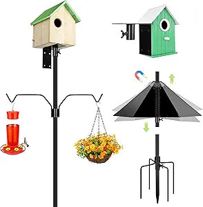 YINGYM Bird Feeder Pole, 79 Inch Heavy Duty Bird House Pole Mount Kit for Outdoors, Adjustable Feeding Stand, with 2-Hooks, Metal Squirrel Baffle and 5-Prong Base, Black