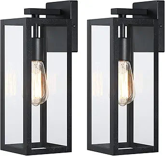 Modern Outdoor Wall Lantern, Weatherproof Exterior Porch Light, Matte Black Light Fixture with Clear Glass, Single E26 Socket Outdoor Wall Sconce for Patio, Front Door, House Decor, 2 Pack