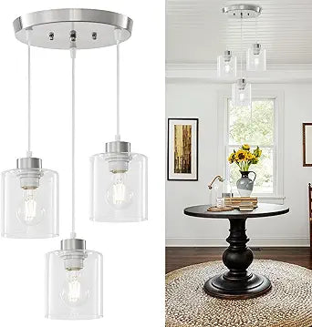 3-Light Brushed Nickel Pendant Light Fixture, Anti-Rust Dining Room Hanging Lights, Modern Chandelier Ceiling Lighting for Kitchen Island, E26 Base,Bulbs Not Included