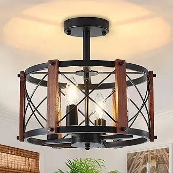 4-Light Farmhouse Wood Semi Flush Mount Ceiling Light, Black Rustic Hallway Light Fixtures, 12.57" Modern Close to Ceiling Light Fixtures for Kitchen Entryway Laundry Dining Room Ceiling Light Fixture