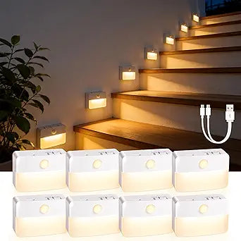 8 Pack Rechargeable Motion Sensor Stair Lights for Indoor, Wireless Battery Operated Night Light,Magnetic Led Stick On Portable Lamp for Step Hallway Closet Under Cabinet Bedroom Kitchen Bathroom
