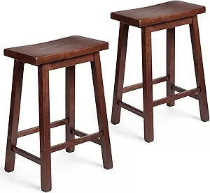 PJ Wood Classic Saddle-Seat 24'' Tall Kitchen Counter Stool for Homes, Dining Spaces, and Bars with Backless Seat, 4 Square Legs, Walnut (2 Pack)
