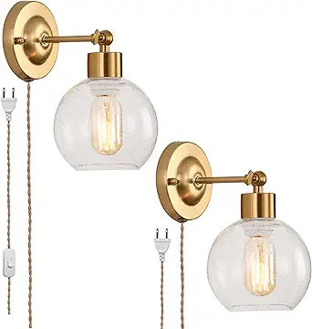 Glass Globe Plug in Wall Sconces Set of 2, Gold Vintage Glass Wall Lights Bedroom, E26 Wall Mounted Plug in Light, 180 Adjustable Wall Sconce Lighting for Living Room Bathroom (2 Pack Gold)