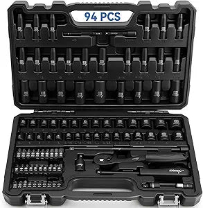 DISEN 94 PCS 1/4" Drive Impact Socket Set, Shallow & Deep Socket SAE(5/32"-9/16") & Metric(4-15mm), Torx Screwdriver Bit Set, 72T Ratchet Wrench Handle, CRV Tool Set with Adapter, Automotive Repair
