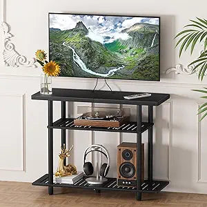 Bamboo TV Stand, Small TV Stands for up to 32 Inch, 3-Tier Entertainment Center TV Shelf with Storage, Sturdy Corner TV Stand for Small Spaces, Black