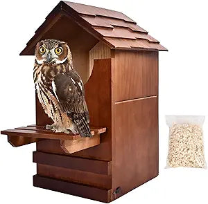 Large Owl House, 15'' x 10'' x 7'' Wooden Screech Owl Nesting Box with Perch Platform, Large U-Shaped Opening, Mounting Screws and Wood Shavings, Suitable for Outside Backyard