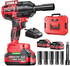 Cordless Impact Wrench, 1/2" impact gun, 1200N.m (900ft-lbs) High Torque Electric Impact Driver, 21V Brushless Electric Impact Wrench with 4.0Ah Li-ion Battery,3000RPM Impact Drill for Home Car Tires
