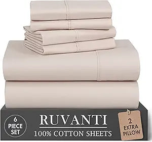RUVANTI 100% Cotton Percale Sheets Queen Size 6 Piece Set, Cooling Bed Sheets for Hot Sleepers, Deep Pocket 16, Breathable Lightweight & Durable, Crisp Hotel Style Sheets, Soft Beige