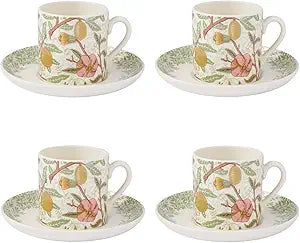 Spode Morris & Co Espresso Cup & Saucer, Set of 4, Assorted Designs - Decorative Earthenware Coffee Cups for Espresso, Cappuccino & Coffee, Home & Kitchen Tableware, Dining & Entertaining