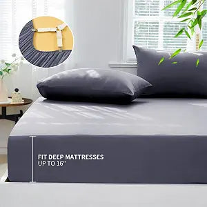 100% Viscose Derived from Bamboo Fitted Sheet with Pillow Cases for Hot Sleepers, 400 Thread Count, 16" Deep Pocket, Silky Soft, Cooling and Breathable, Queen Size, Grey