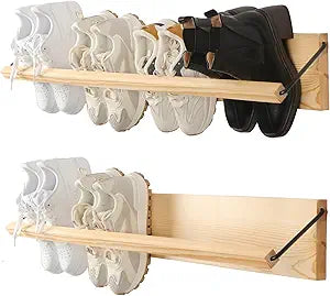 Mifoci 2 Pcs Wall Mounted Shoe Rack Organizer Wooden Modern Compact Wall Space Saving Shoe Holder Storage for Sneaker Footwear Slipper Boots Entryway Narrow Spaces Hallway(39.37'' Long)