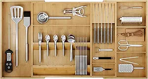 Bamboo Silverware Drawer Organizer, 17.72-29.53 Inch Expandable Large Kitchen Drawer Organizer, 5-8 Slot Flatware with Removable Card Slots & Knife Block for Spoon Butter Knive, Natural