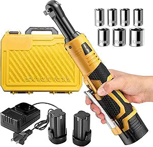 FULLYEA Cordless Electric Ratchet Wrench Set, 3/8" 18V Power Ratchet, 550 RPM, Cordless Ratchet Tool Kit with Variable Speed, LED Light, 2 * 2.0Ah Batteries and Fast Charger, Yellow