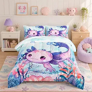 Cute Axolotl Bedding Set Twin Size,Color Axolotl Waterweed Jellyfish Pattern Toddler Bed Comforter Set,Kawaii Ocean Life Bedding Sets for Kids Boys Girls Room Decor with 2 Pillowcases.