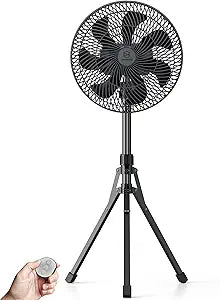 12ΓΓ Oscillating Floor Fan with Remote Control and Timer, 4 Speeds, 16000mAh Battery Operated Quiet Pedestal Fan,Adjustable Height, Max 41.4H Runtime, Foldable Detachable Tripod for Home, Tent,Travel