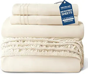 SheRest Queen 4 Piece Sheet Set, Brushed 1800 Ultra-Soft Sheets - Cream