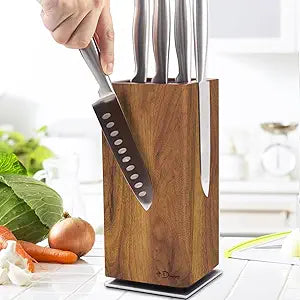 Dmore magnetic knife block without knives, 360 rotatable magnet knife holder stand made of fine acacia wood, Extra Large capacity knife storage for knives and utensils for kitchen counter top