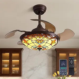 36" Tiffany Style Ceiling Fan with Lights Vintage Fandelier Stained Glass Ceiling Fans with Lights Retractable Blades Chandelier Fan with Dimmable LED for Bedroom Living Room
