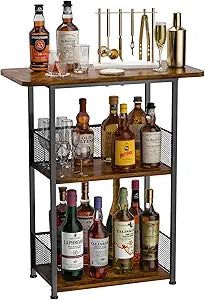 Eyteenokk Freestanding Wine Rack,3-Tier Small Mini Bar Table Liquor Cabinet with T-Shaped Countertop,Rustic Wood Metal Floor Wine Bottle Storage Stand for Home Bar Corner-23.62 x 9.44 x 27.67inches