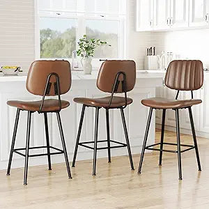 Raynesys 24-Inch Leather Bar Stools Set of 3, Counter Height Barstools with High BackrestBar Chairs for Kitchen Island with Heavy Duty Metal Legs, Dark Brown