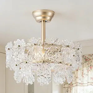 Crystal Fandelier Ceiling Fan with Light and Remote, Modern Gold Flower Ceiling Fan, Flush Mount Low Profile Retractable Blade Fan for Bedroom, Living Room, Girls Room, Kids Room
