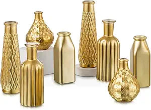 Glasseam Gold Glass Vase, 8pcs Cylindrical Home Decor, Antique Art Deco Style, Holds Water, Gold Electroplating Finish, Living Room Kitchen Bathroom Bedroom Decor, Table Centerpieces