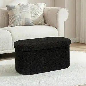 30 Inches Oval Ottoman with Storage, Boucle Sherpa Storage Ottoman Bench, Folding Foot Rest Chest for Bedroom Living Room