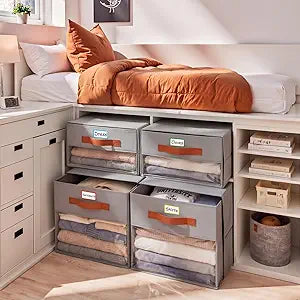 Windyun 4 Pack Under Bed Dorm Storage Container Stackable Foldable Closet Drawer Organizer Bins with Clear Window Handle 23.6'' x 18.5'' Under Bed Closet Drawer for College Essentials Nursery