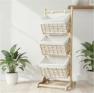 3 tier basket stand wicker storage basket, floor-standing basket organizer rack, Multipurpose Rattan Rack for Bedroom Living Room Kitchen, Holds Clothes Toys Books fruit, Bohemian Home Decor