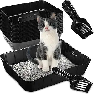 Bokon 50 Pcs 25 Set Disposable Litter Boxes for Cats with Scoop 15.7 x 11.8 x 3'' Plastic Cat Litter Tray Large Kitten Pan for Kitty Rabbit Guinea Pig Hamster Pets Supplies Travel Home Toilet(Black)