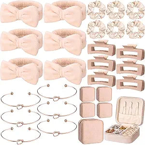 Suncalla 30 Pcs Spa Party Favor Bridal Gift Set Bridesmaid Proposal Gift Knot Bracelet Jewelry Boxes Hair Clip Scrunchies Headband for Bridal Shower & Bachelorette Party(Beige,Velvet)
