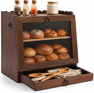 Bread Box for Kitchen Countertop Wooden Double Layer Bread Storage Container Bin Breadbox Holder Large Capacity Keeper Vintage Farmhouse Food Organizer (Brown, Large)