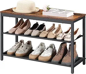 HOOBRO Shoe Bench, 3-Tier Shoe Rack Bench with Oxford Fabric Shelves, 29.5" L Industrial Shoe Storage Organizer for Hallway, Living Room, Holds Up to 300 lb, Space-Saving, Rustic Brown BF77HX01