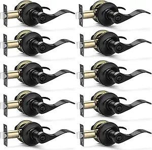 10 Pack Matte Black Door Handles Privacy Door Levers, Heavy Duty Bed and Bath Door Locks Interior Door Knobs, Reversible Keyless Wave Lever Door Handles
