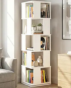 5-Tier Rotating Bookshelf Tower, 360 Spinning Modern Book Storage Bookcase, Stable Display Corner Book Shelf for Kids Room, Living Room, Bedroom, Home Office, White